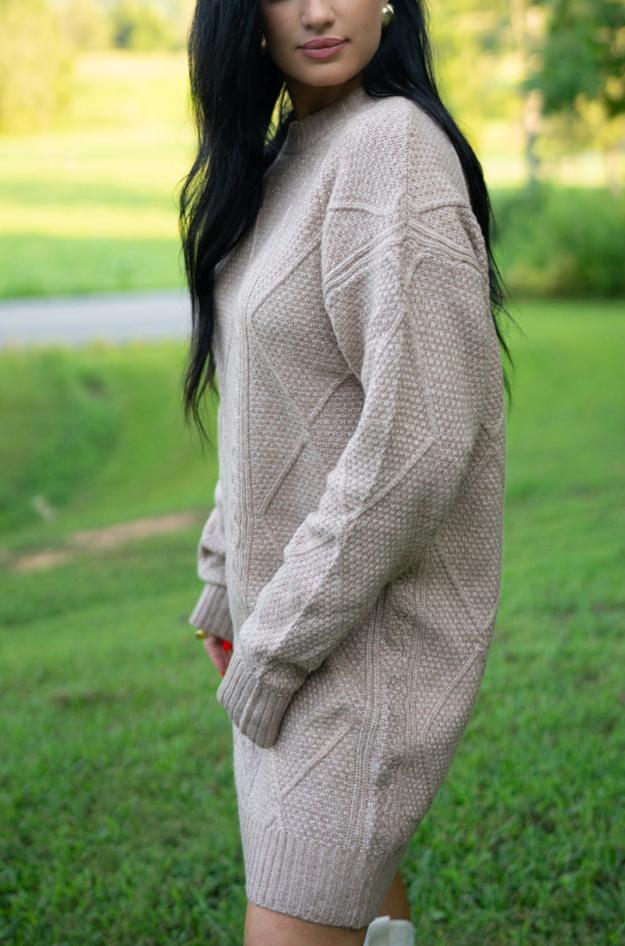 Side view of the taupe sweater dress with long sleeves