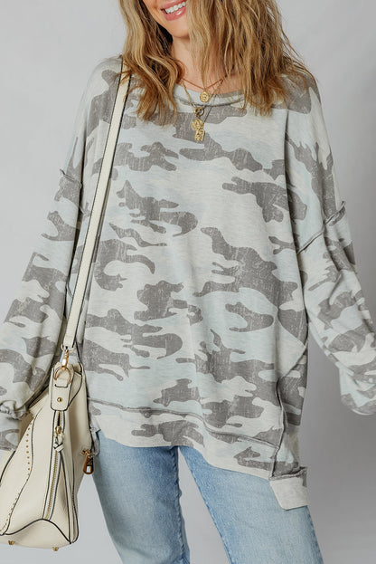 Gray camo sweatshirt with an uneven hem, front view