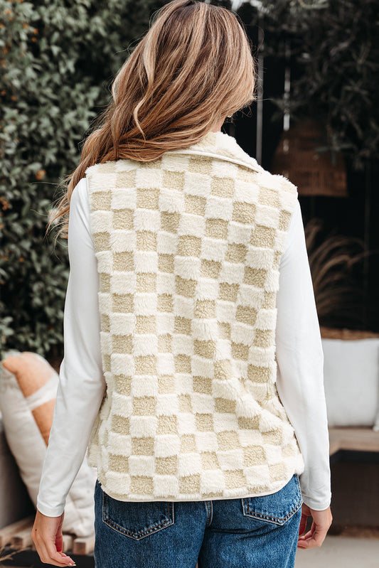 Back view of the checkerboard sherpa vest
