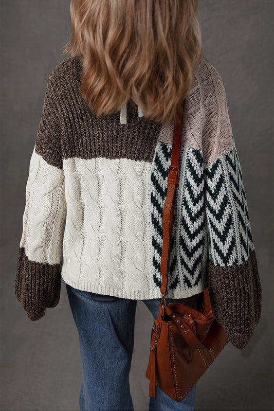 Back view of the chunky brown and cream patchwork sweater