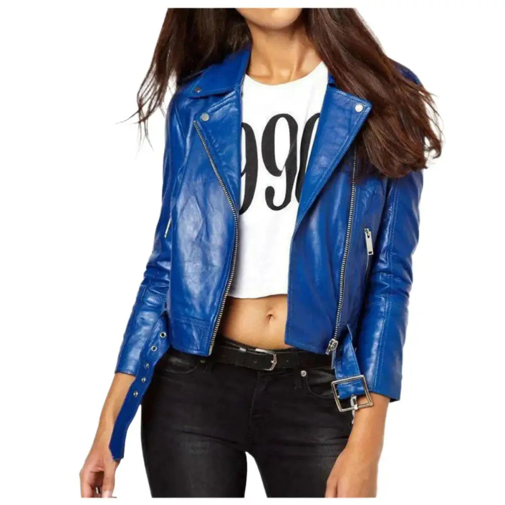Women's Royal Blue Leather Motorbike Jacket-0