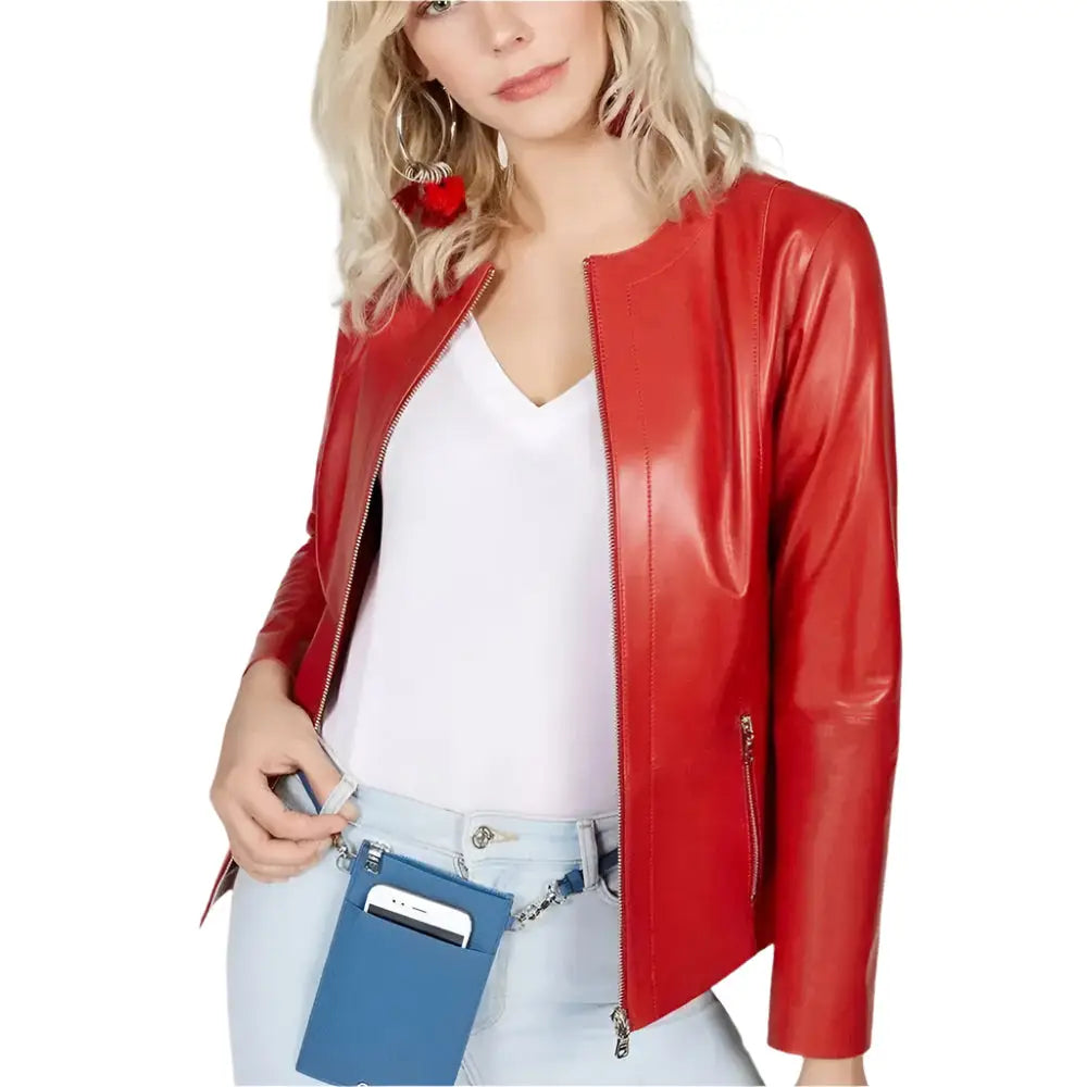 Women's Collarless Red Leather Blazer – Slim Fit-0