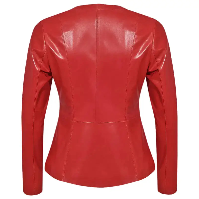 Women's Collarless Red Leather Blazer – Slim Fit-3
