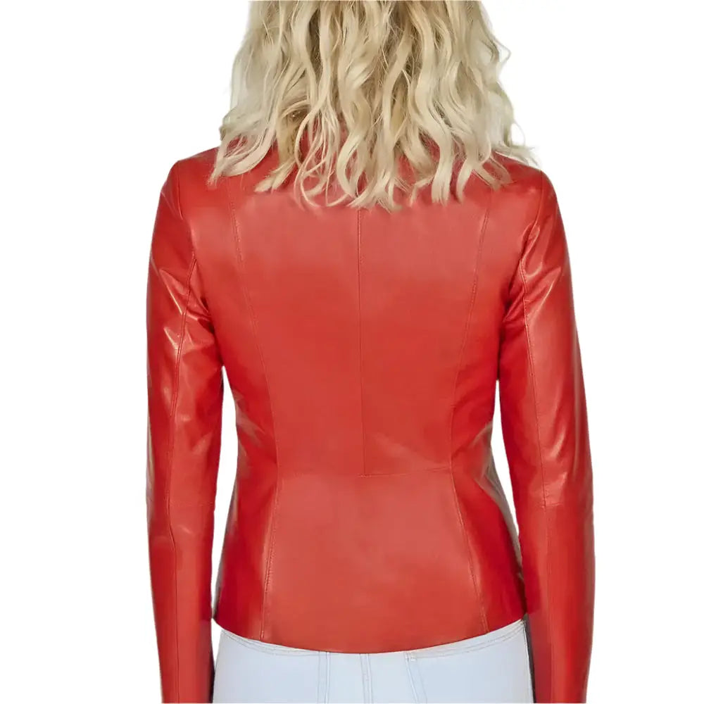 Women's Collarless Red Leather Blazer – Slim Fit-1