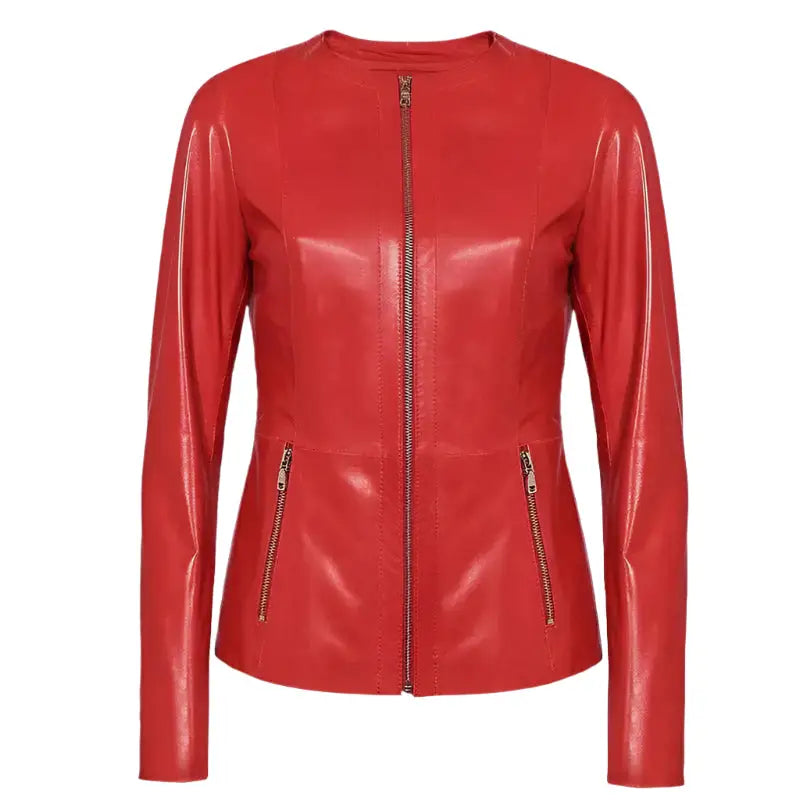 Women's Collarless Red Leather Blazer – Slim Fit-2