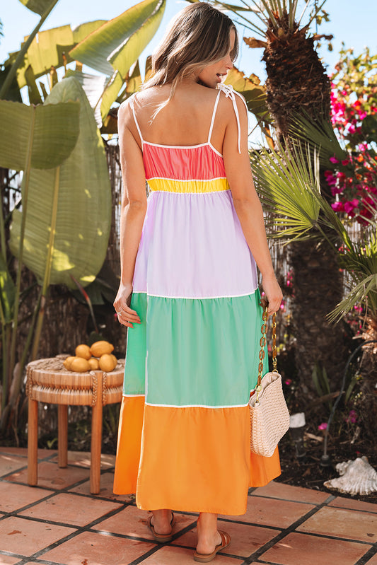 Back view of the color-block tiered maxi dress