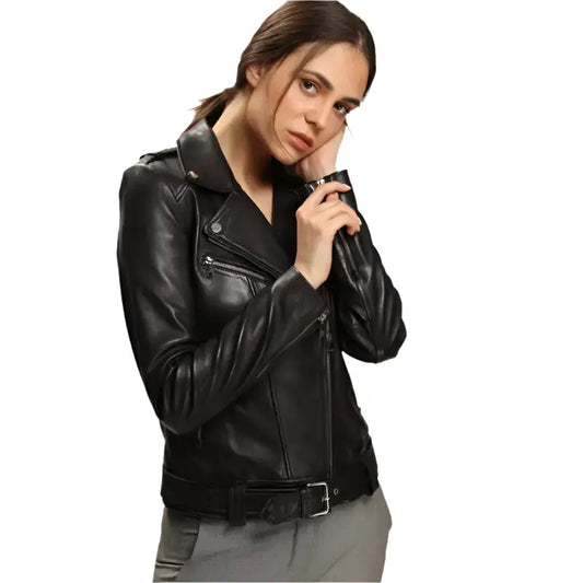 Women's Classic Black Leather Biker Jacket-0