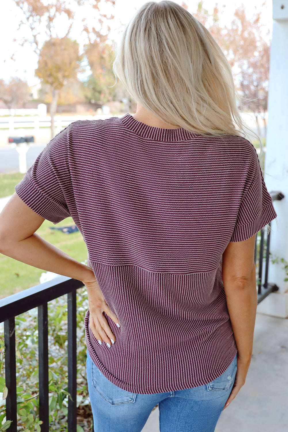 Back view of the mauve ribbed tee