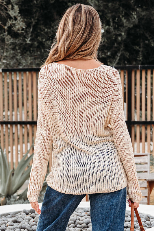Back view of the sand beige crochet sweater