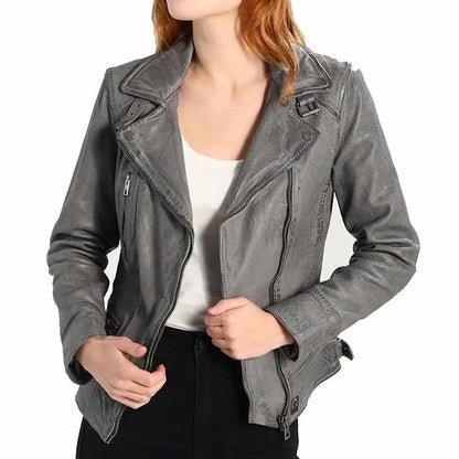 Women’s Elegant Gray Motorcycle Fashion Leather Jacket-1