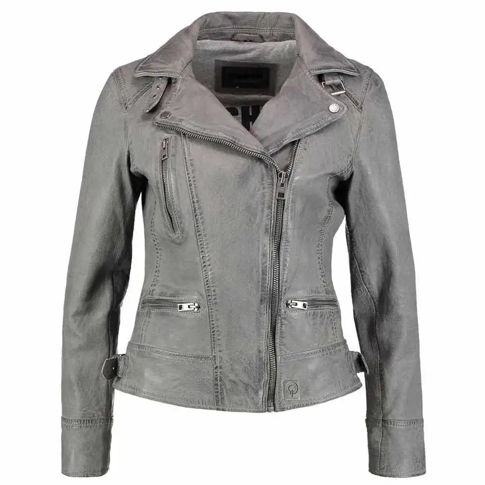 Women’s Elegant Gray Motorcycle Fashion Leather Jacket-0