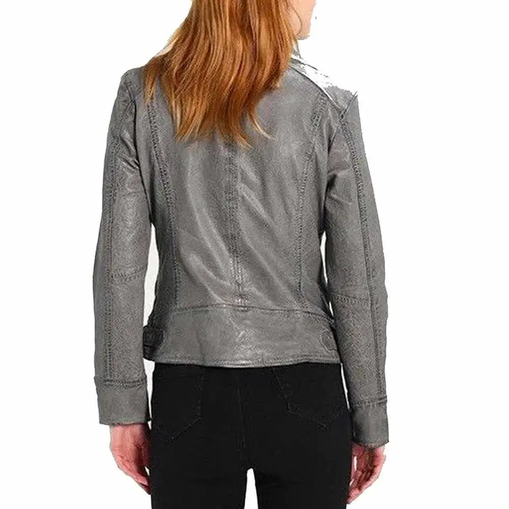 Women’s Elegant Gray Motorcycle Fashion Leather Jacket-2