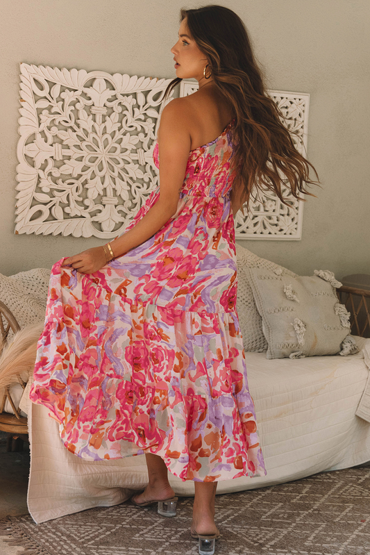 Back view of the pink floral one-shoulder maxi dress