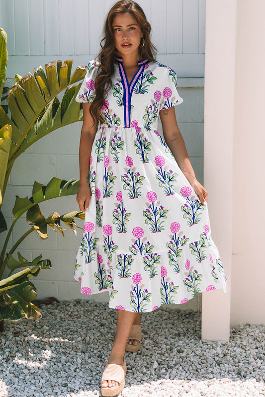 White floral puff sleeve midi dress with a striped V-neck trim, front view