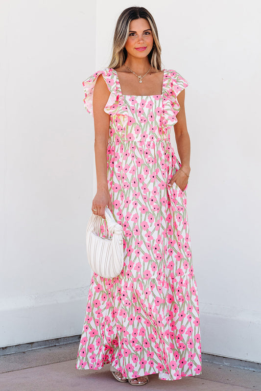 Pink tulip floral square neck maxi dress with ruffle straps, front view