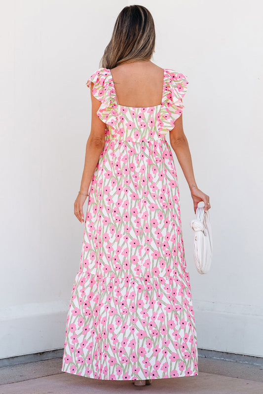 Back view of the pink floral ruffle strap maxi dress