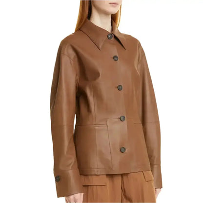 Women's Hazelnut Brown Leather Shirt Jacket