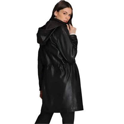 Women’s Hooded Black Lamb Leather Coat with Zip Front-1