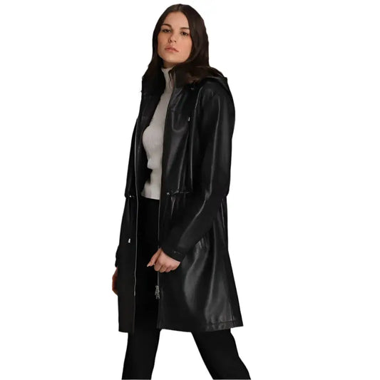 Women’s Hooded Black Lamb Leather Coat with Zip Front-0
