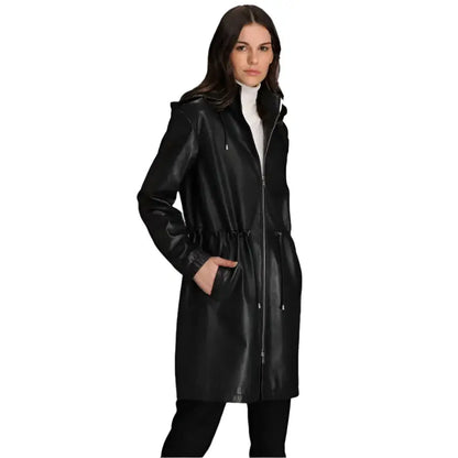 Women’s Hooded Black Lamb Leather Coat with Zip Front-2