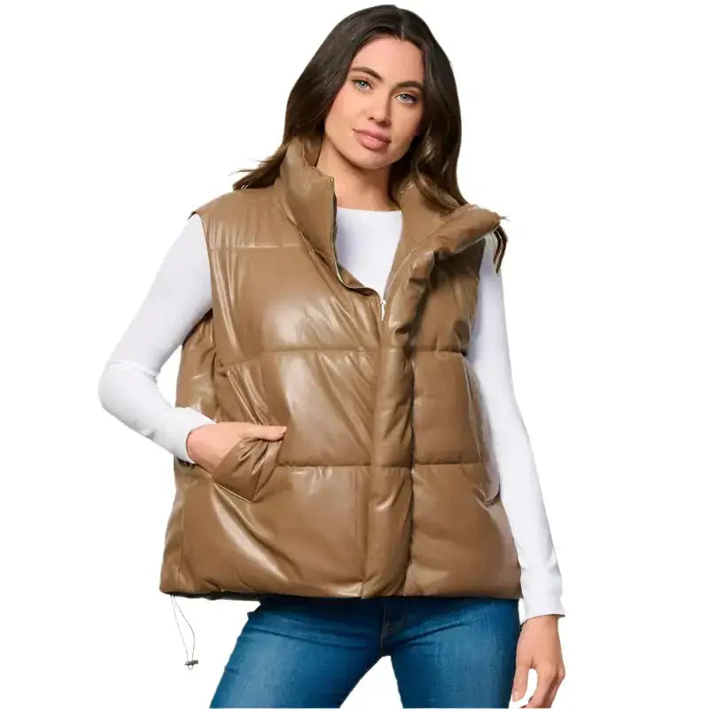 Women’s Khaki Puffer Leather Vest
