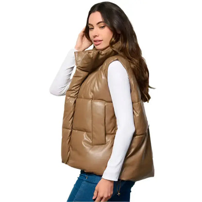 Women’s Khaki Puffer Leather Vest