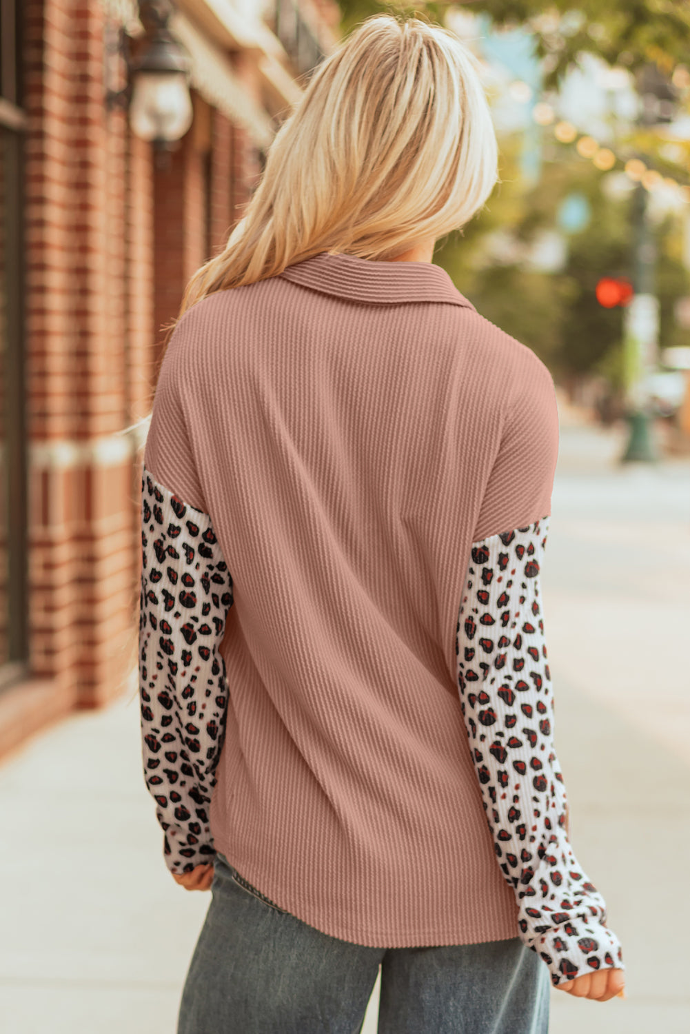 Back view of the mauve shacket with leopard print sleeves