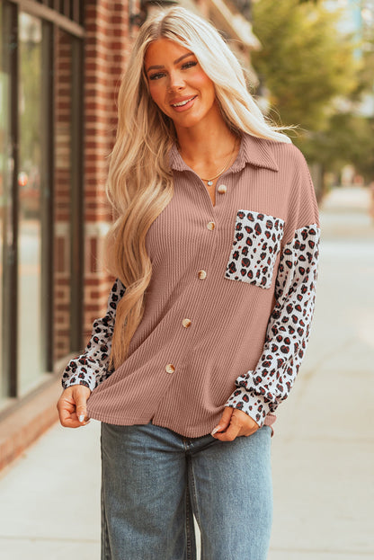 Mauve button-front shacket with a leopard pocket, front view