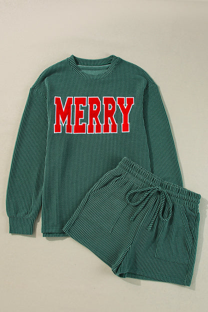Evergreen ribbed MERRY top and shorts laid flat