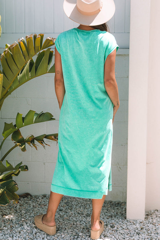 Back view of the aqua T-shirt midi dress