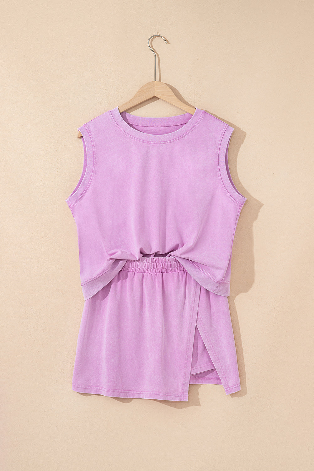 Lilac mineral wash tank and skirt set on a hanger