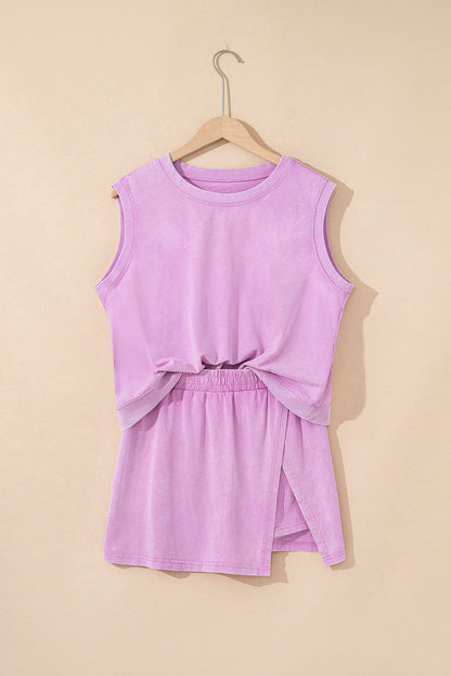 Lilac mineral wash tank and skirt set on a hanger