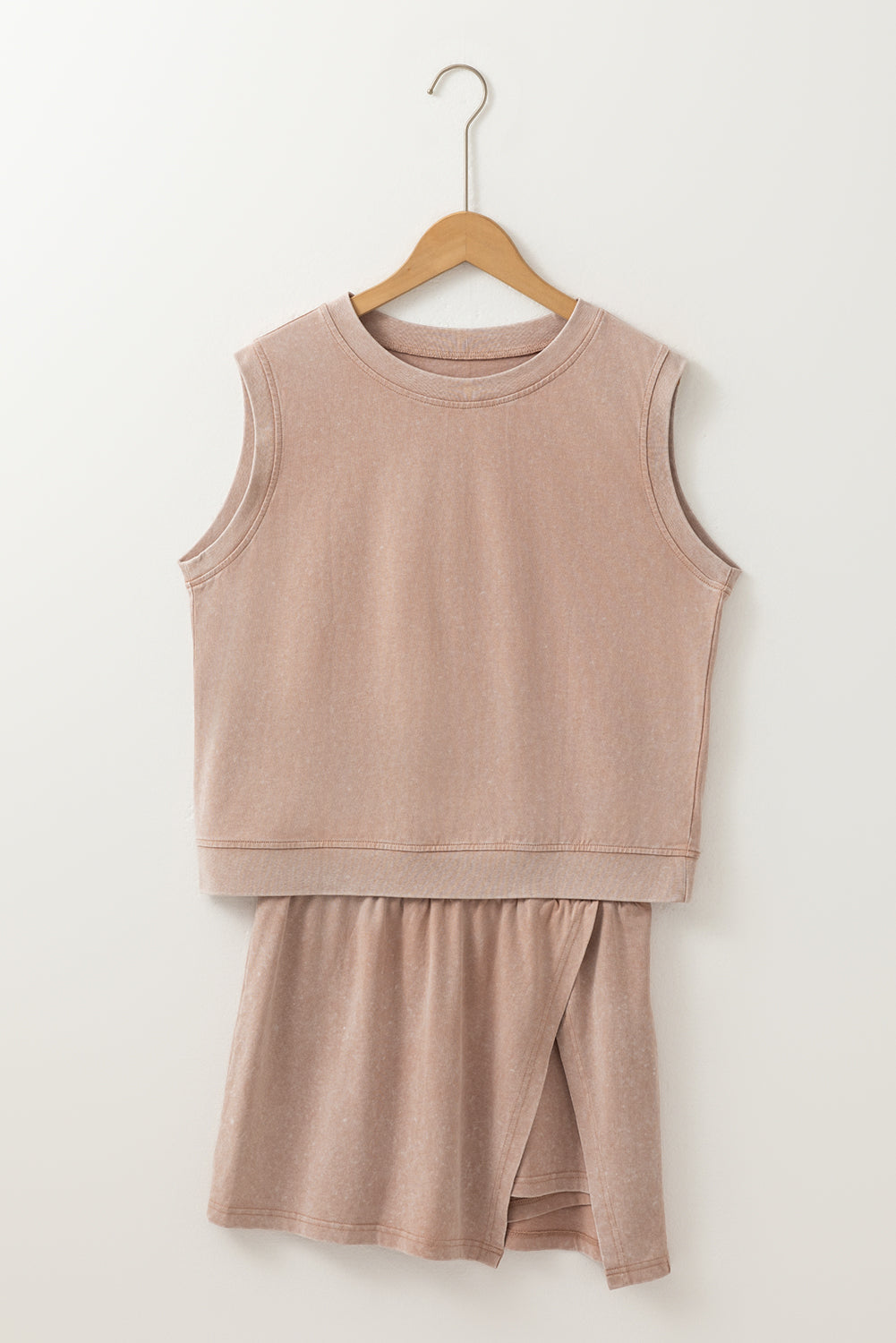 Taupe mineral wash tank and skirt set on a hanger