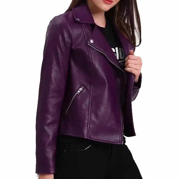 Women's Purple Leather Biker Jacket-0