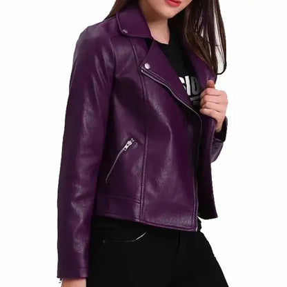 Women's Purple Leather Biker Jacket-0