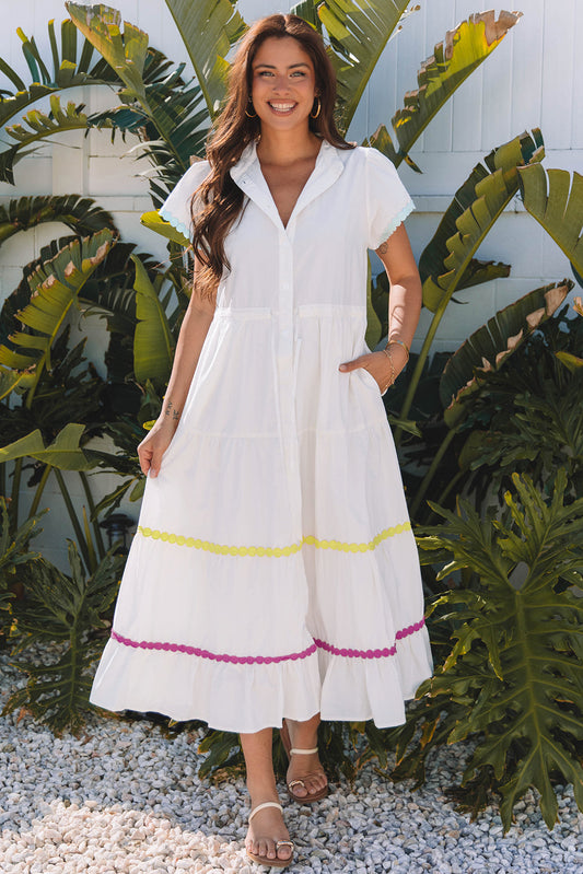White cotton tiered maxi dress with yellow and pink rickrack trim, front view