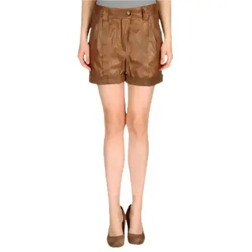 Women's Brown Leather Ruffle Shorts-0