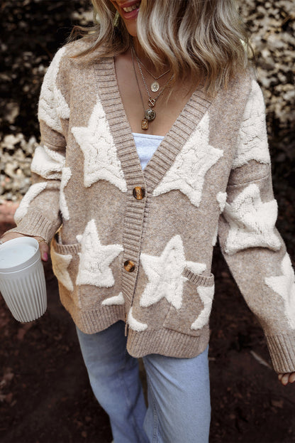 Three-quarter view of the khaki star cardigan with a V-neck and wooden-look buttons
