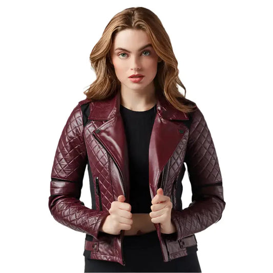 Women’s Maroon Lambskin Leather Rider Jacket-0