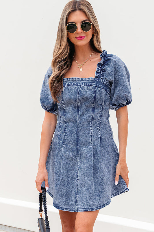 Acid wash denim mini dress with a square neck and puff sleeves, front view
