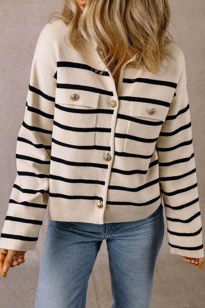 Cream and black striped button cardigan with flap pockets and jeans