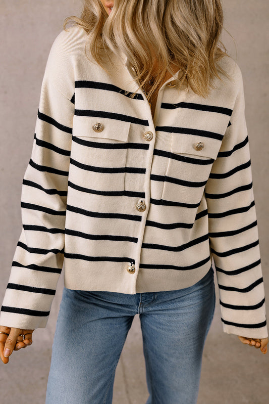 Cream and black striped button cardigan with flap pockets and jeans