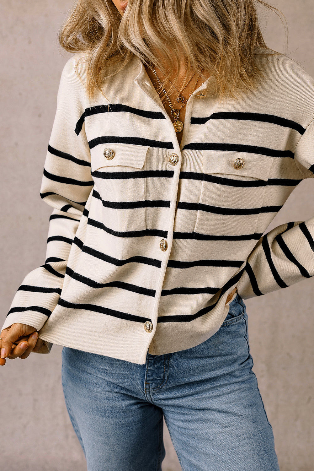 Three-quarter view of the striped collared cardigan