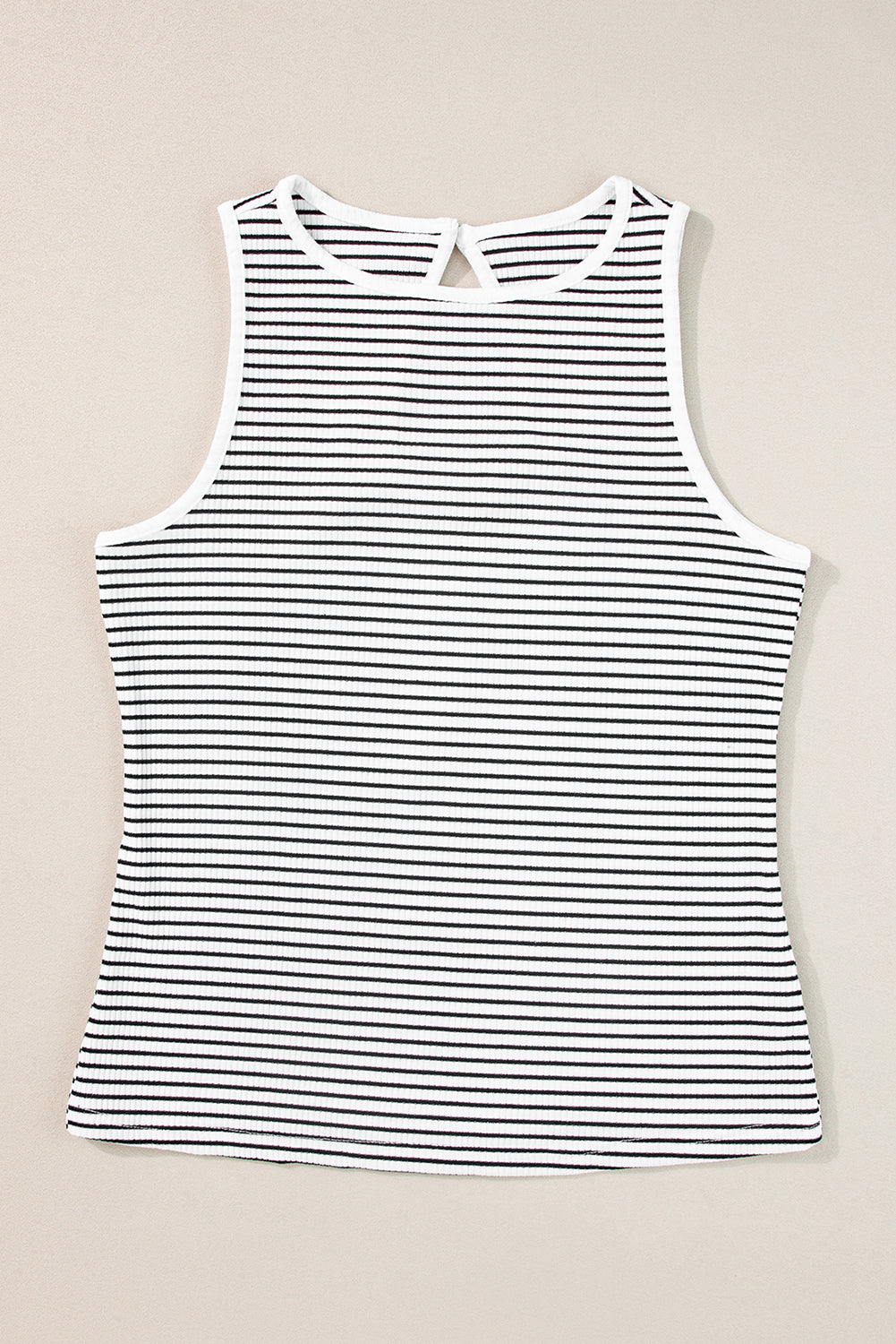 White striped ribbed tank top laid flat, front