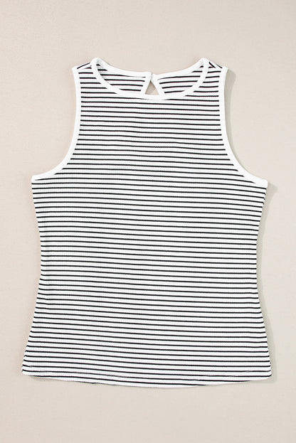 White striped ribbed tank top laid flat, front