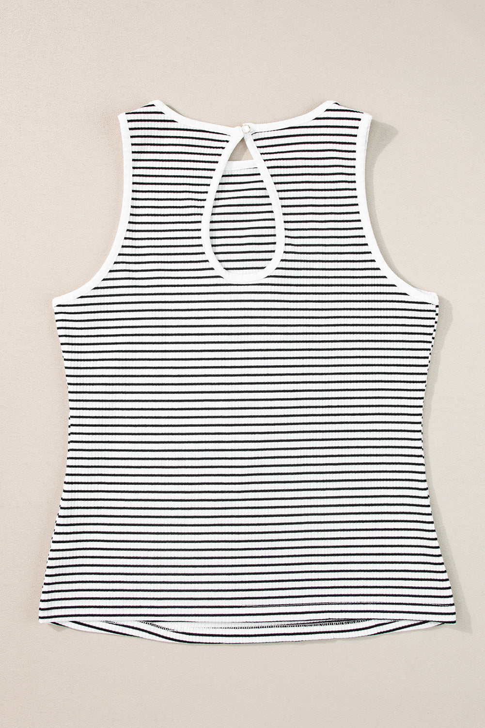 White striped ribbed tank top laid flat, keyhole back