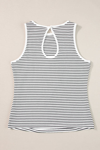 White striped ribbed tank top laid flat, keyhole back
