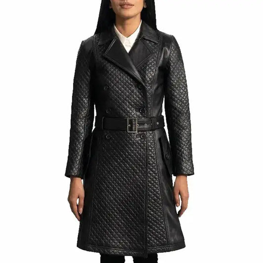 Women’s Stylish Black Leather Quilted Trench Coat-0