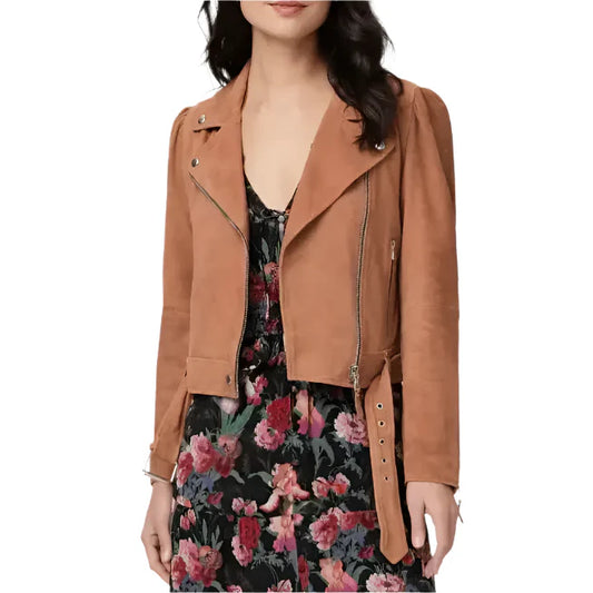 Women's Tan Brown Suede Leather Biker Jacket-0