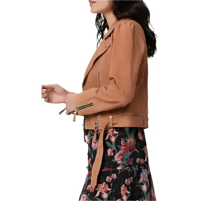 Women's Tan Brown Suede Leather Biker Jacket-1